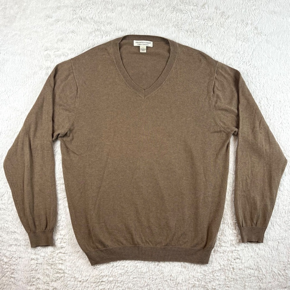 Pronto Uomo V-Neck Sweater Men's LARGE Brown Cashmere Cotton Blend Designer
